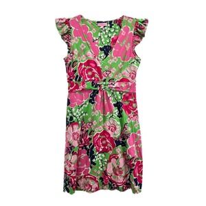 Lilly Pulitzer Pink Floral Ruffle Sleeve Dress SMALL Cotton Silk Blend